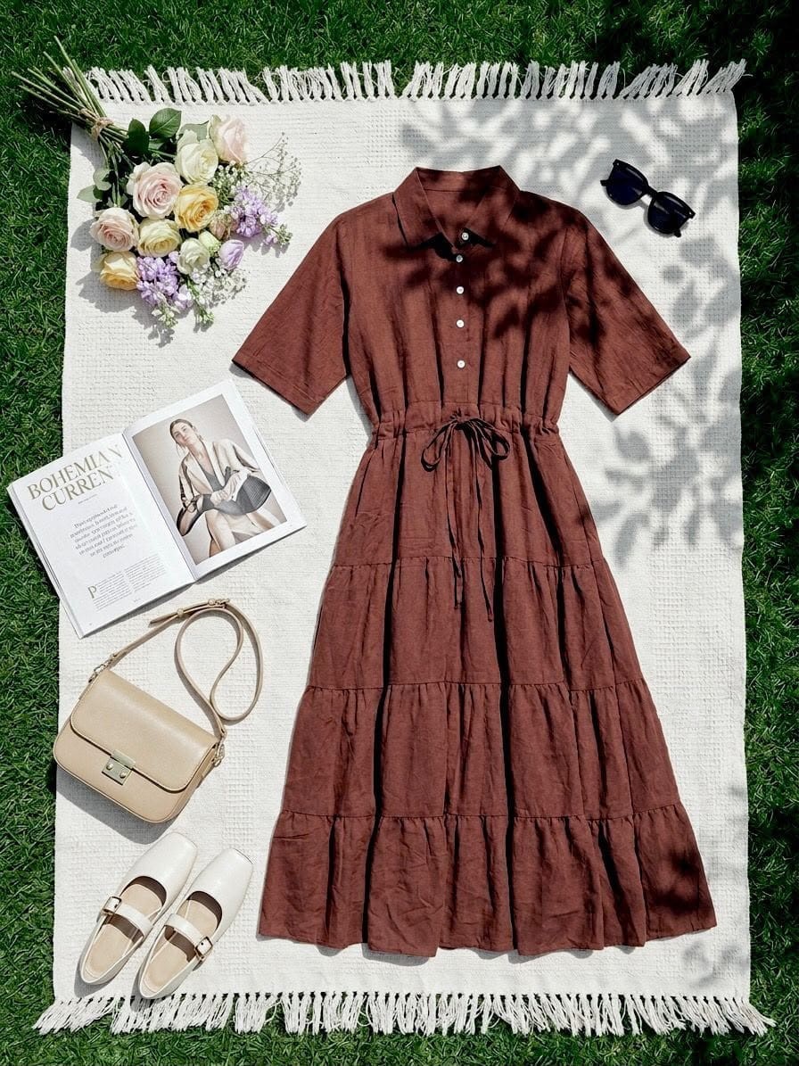 Tiered Shirt Dress with Cinched Drawstring Waist
